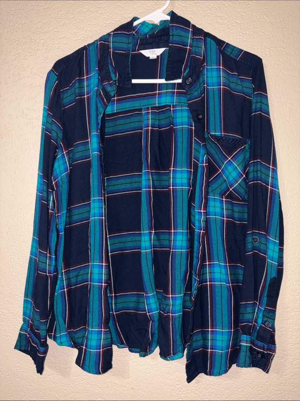 Time and Tru Navy and Teal Plaid Button-Up Shirt